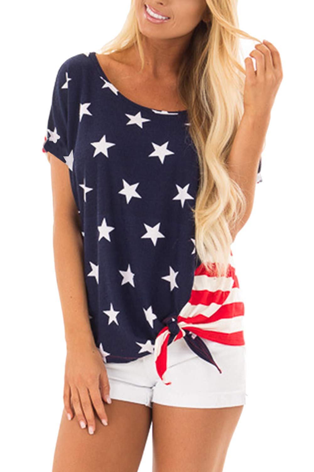 July 4th Women Loose Short Sleeve Tie Front Top American, Usa Flag ...