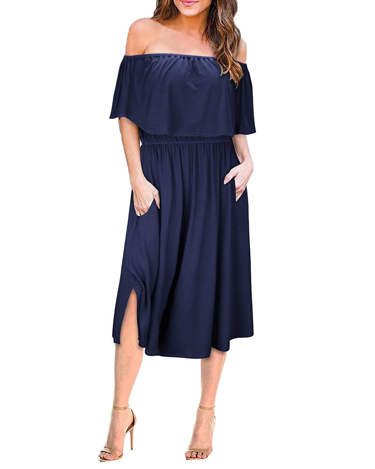 OUGES Womens Summer Ruffle Off Shoulder Casual Midi Dress ...