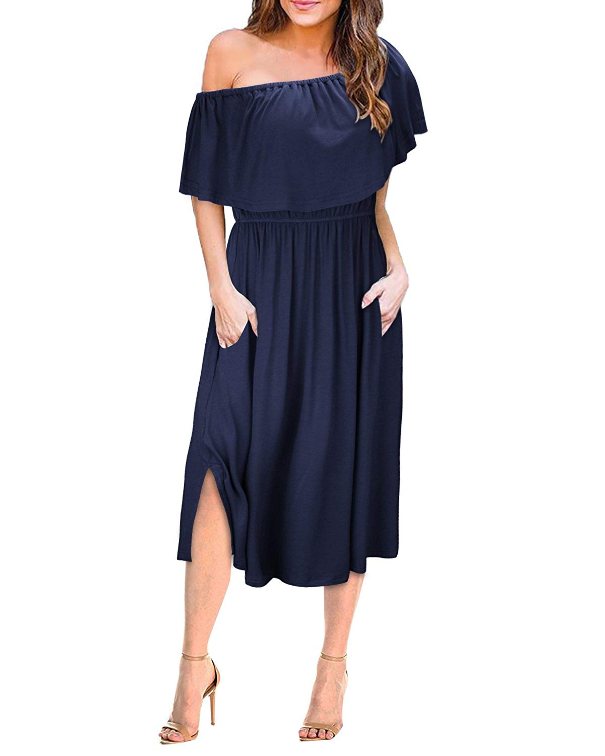 OUGES Womens Summer Ruffle Off Shoulder Casual Midi Dress Party, Navy ...