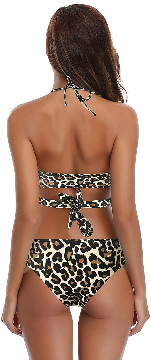 Shekini Womens Bathing Suits Push Up Halter Bandage Leopard Print