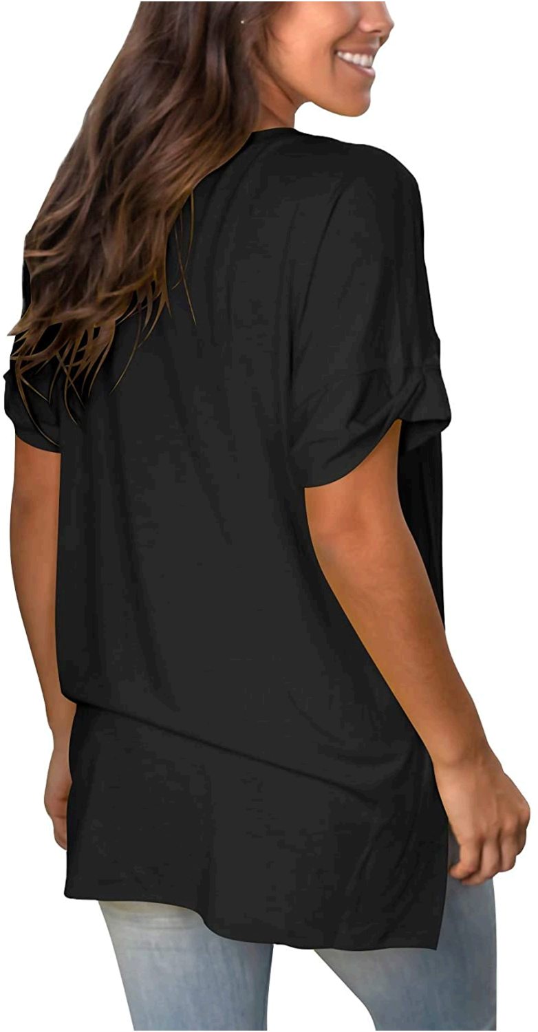 V Neck T Shirts Women Short Sleeve Tunic Flowy Tops Side 02 Black