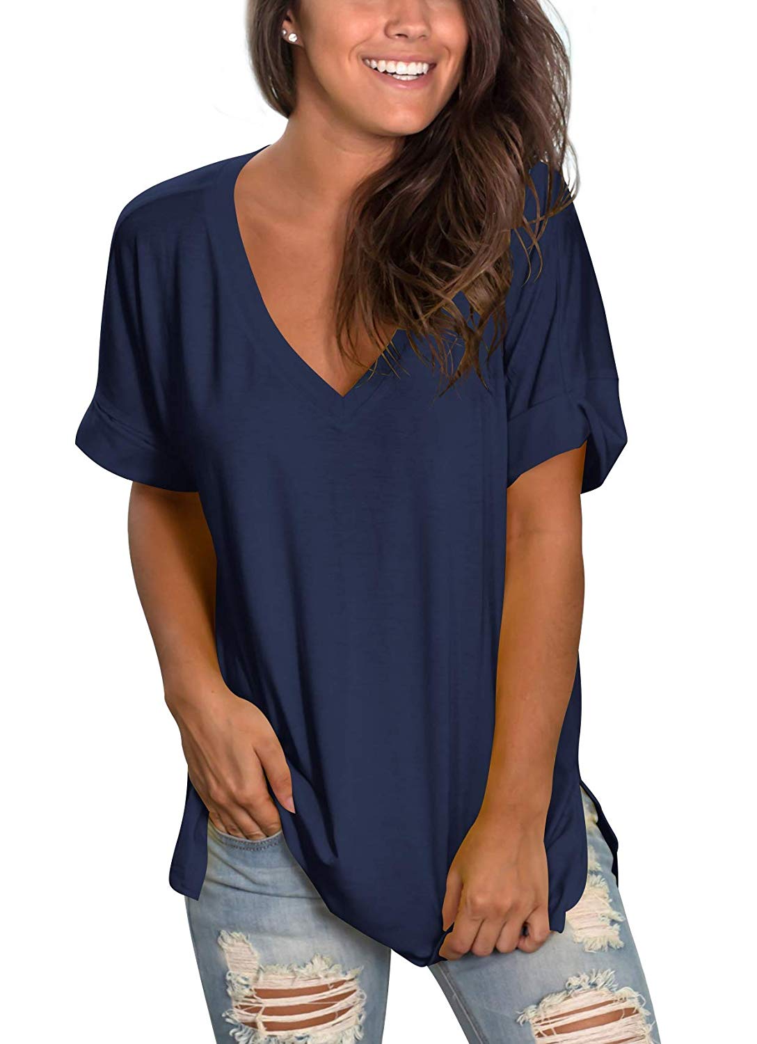 V Neck T Shirts Women Short Sleeve Tunic Flowy Tops, 04-navy Blue, Size ...