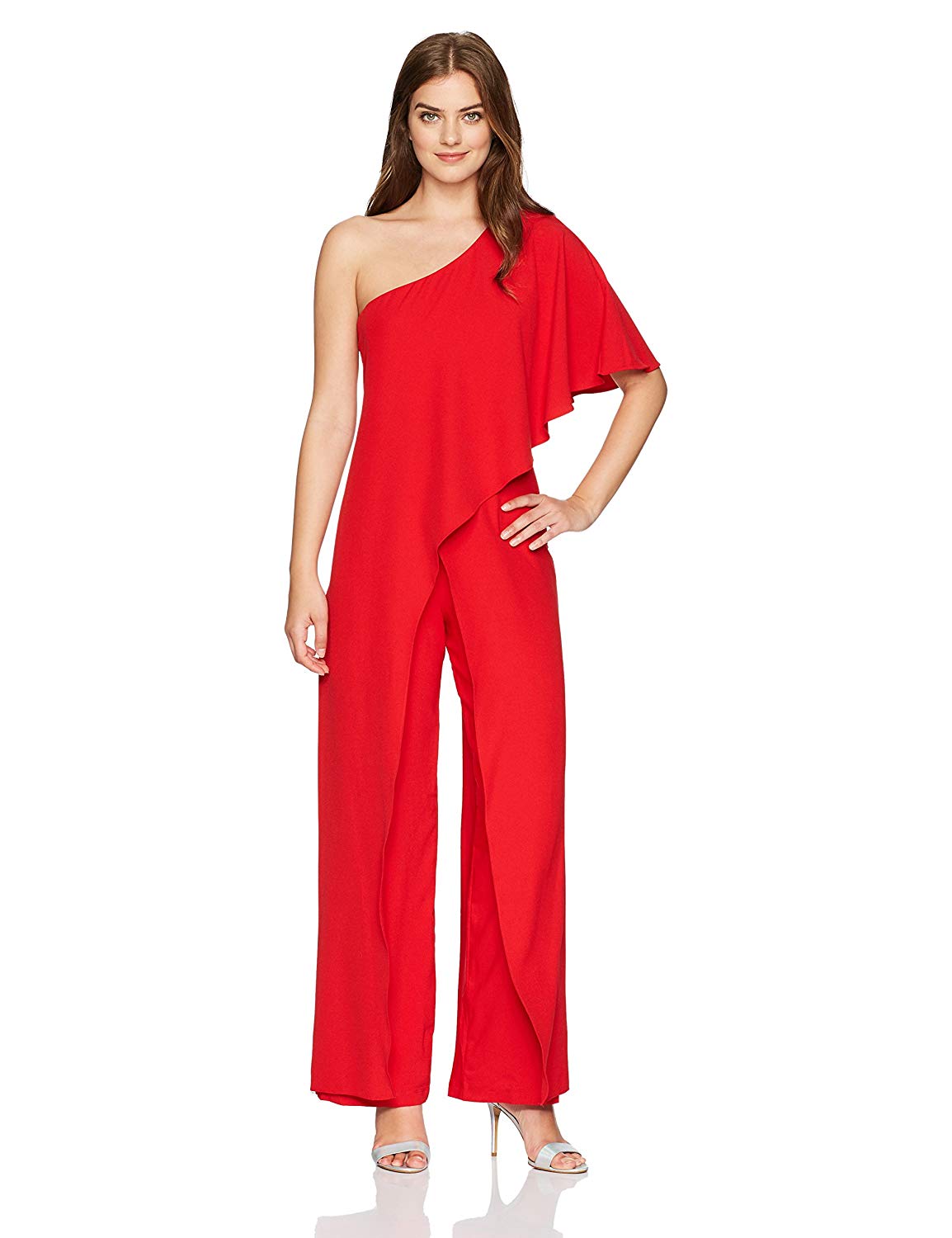 Marina Women's One Shoulder Jumpsuit with Cascade Ruffle, Red, Size 8.0 ...