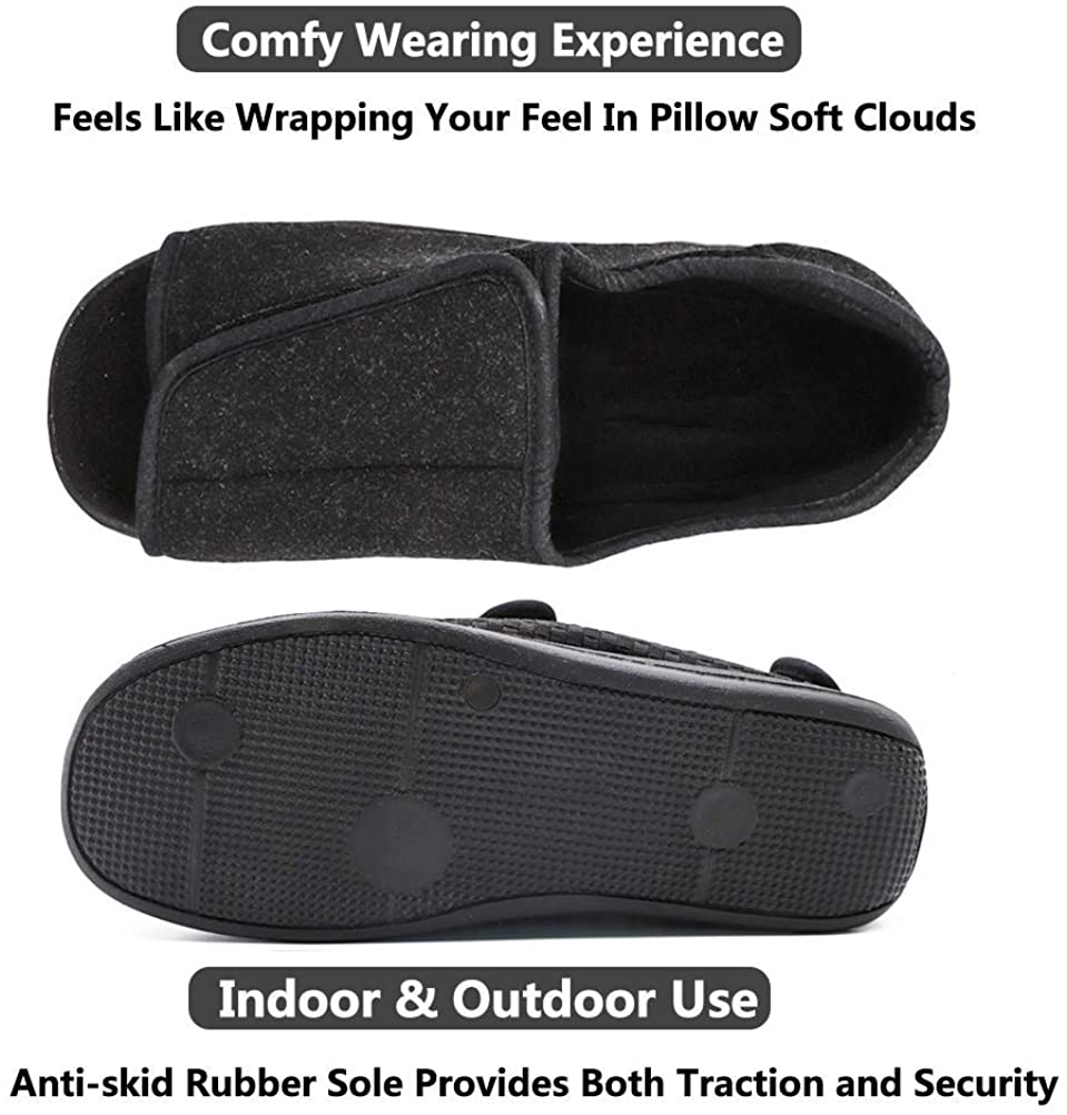 Men's Open Toe Diabetic Recovery Slippers, Adjustable, Black(fleece ...