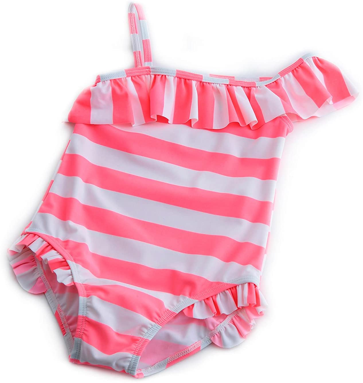 Girls One Piece Swimsuits One Shoulder Ruffle Swimwear, Pink Stripes ...
