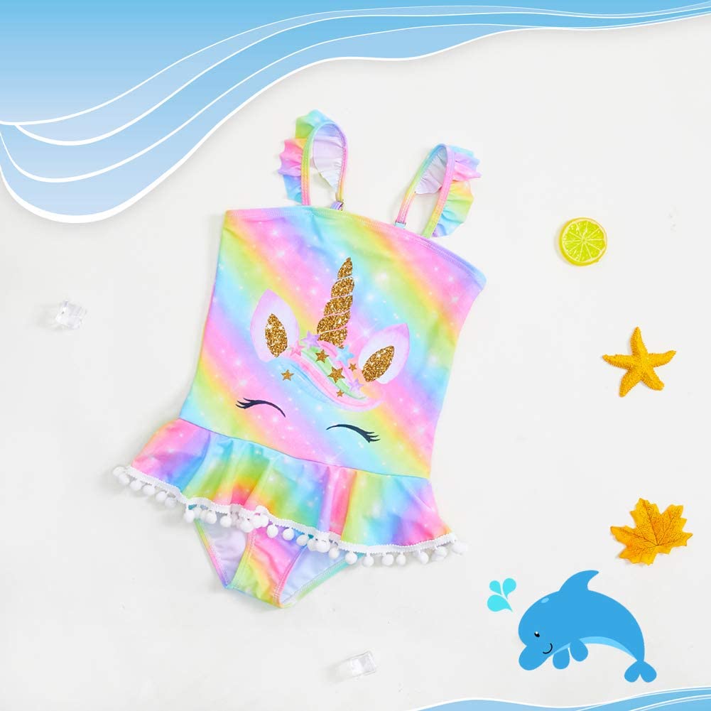 MHJY Girls One Piece Swimsuits Swimwear Unicorn, Rainbow Unicorn, Size