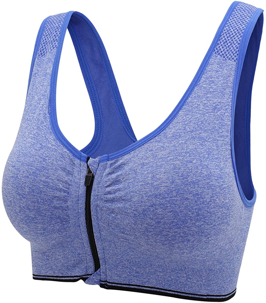 ohlyah Women's Zipper Front Closure Sports Bra, Blue, Size ...