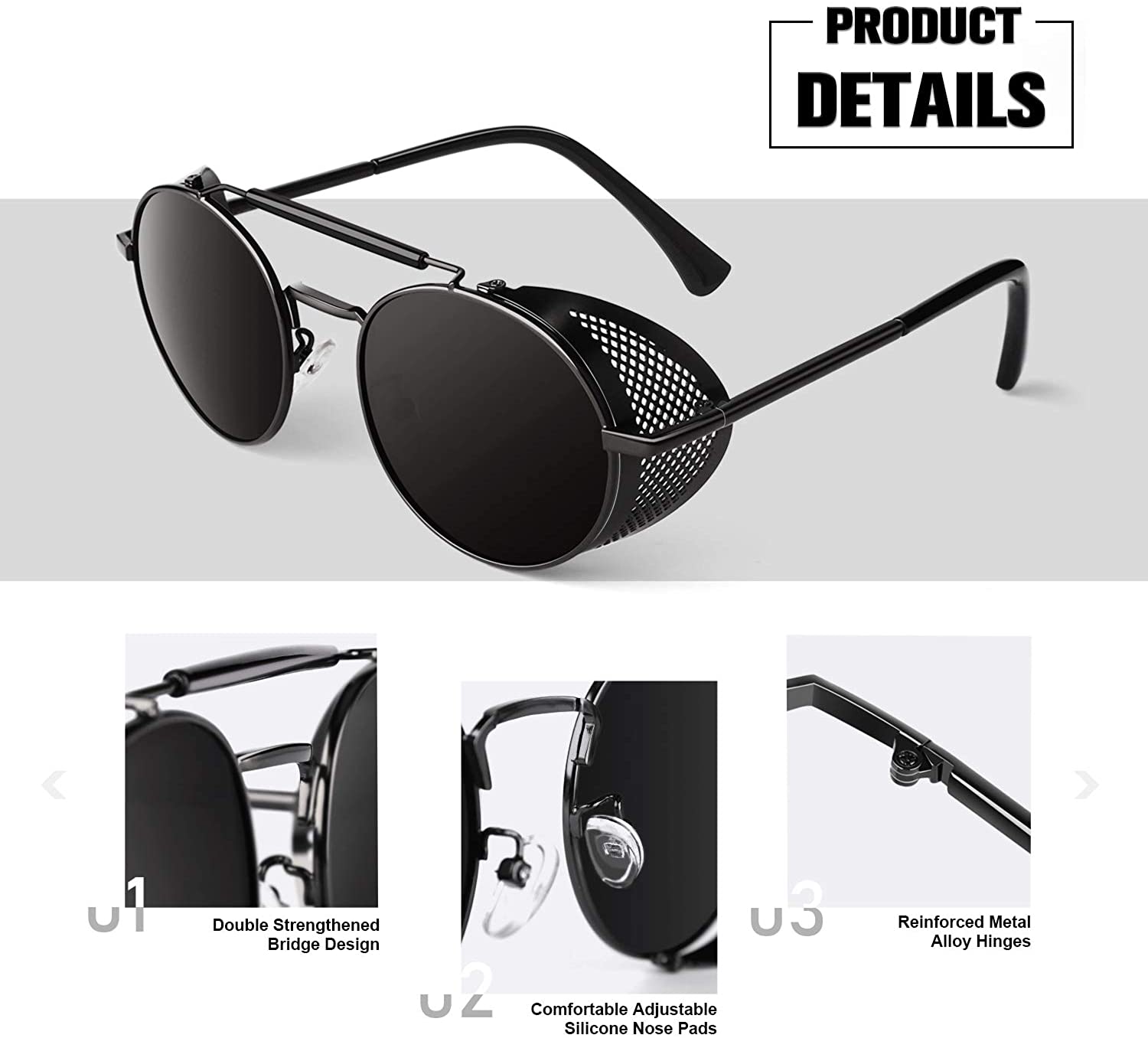 Retro Round Polarized Steampunk Sunglasses Side Shield Goggles, Black ...