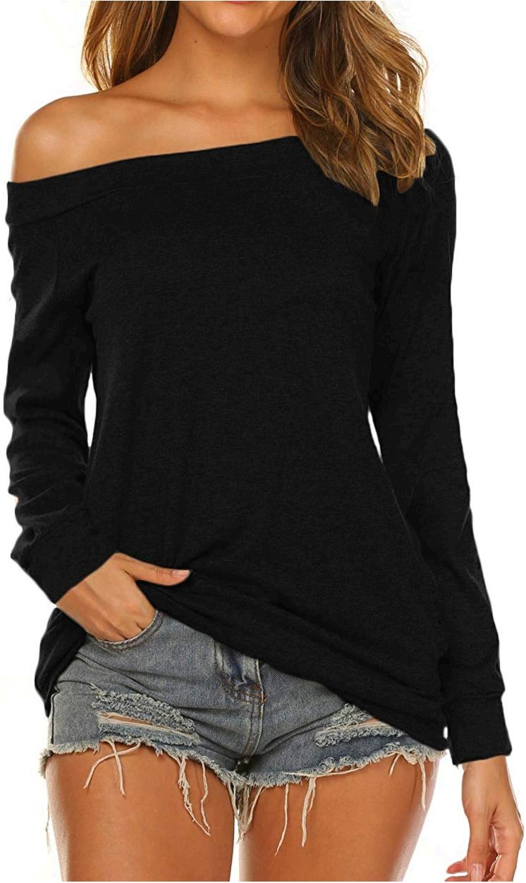 Off Shoulder Tunic Tops for Women Long Sleeve Banded Hem (M,, Black