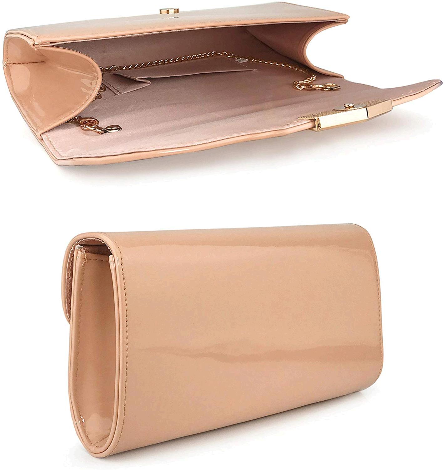 Women Glossy Evening Clutch Faux Patent Leather Chain, Blush, Size