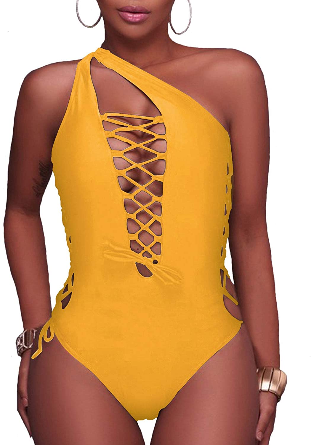 Holipick Women 1 Piece Sexy Lace Up Racerback Monokini Lemon Yellow