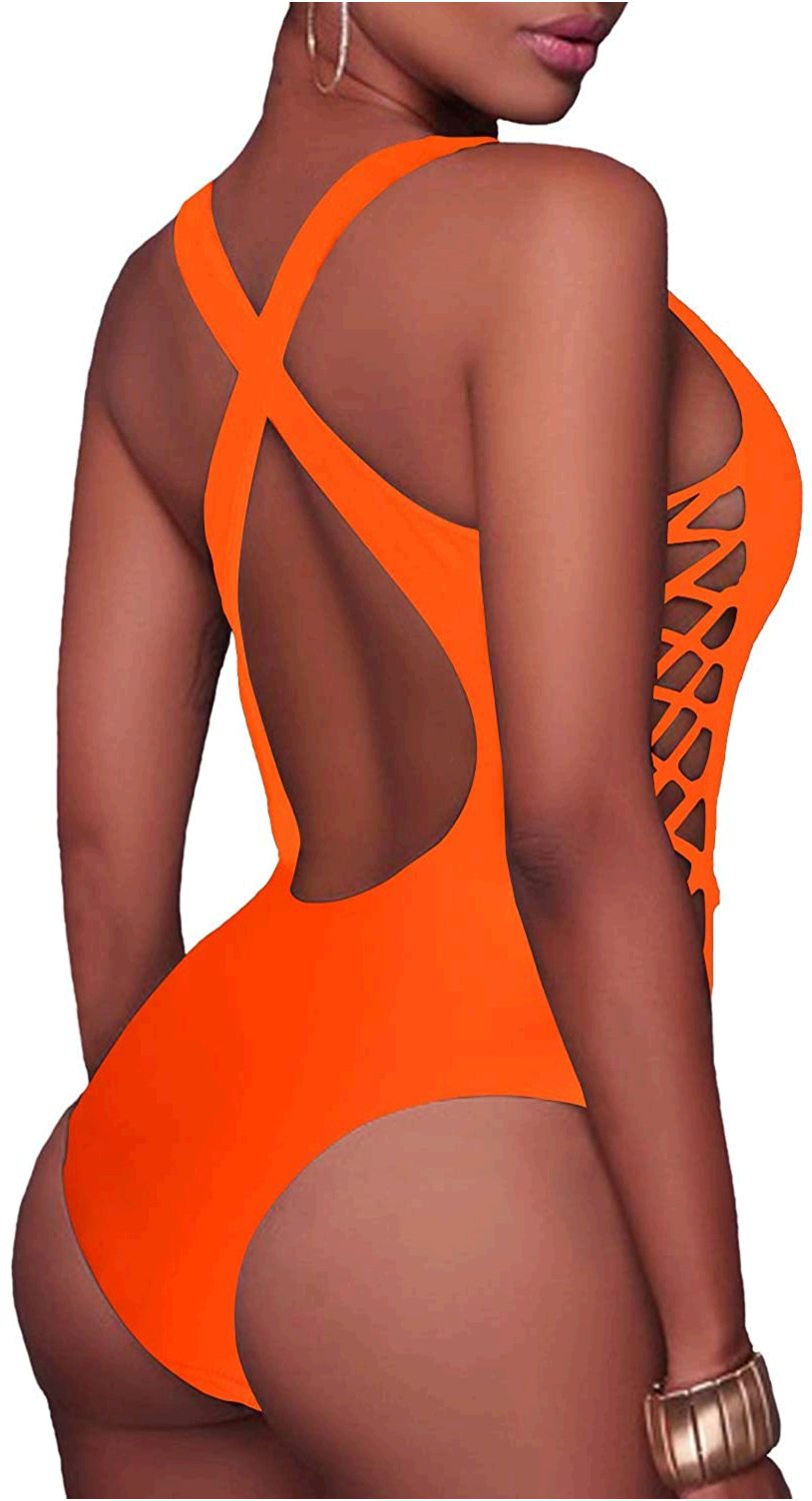 Holipick Women 1 Piece Sexy Lace Up Racerback Monokini Plunge Orange