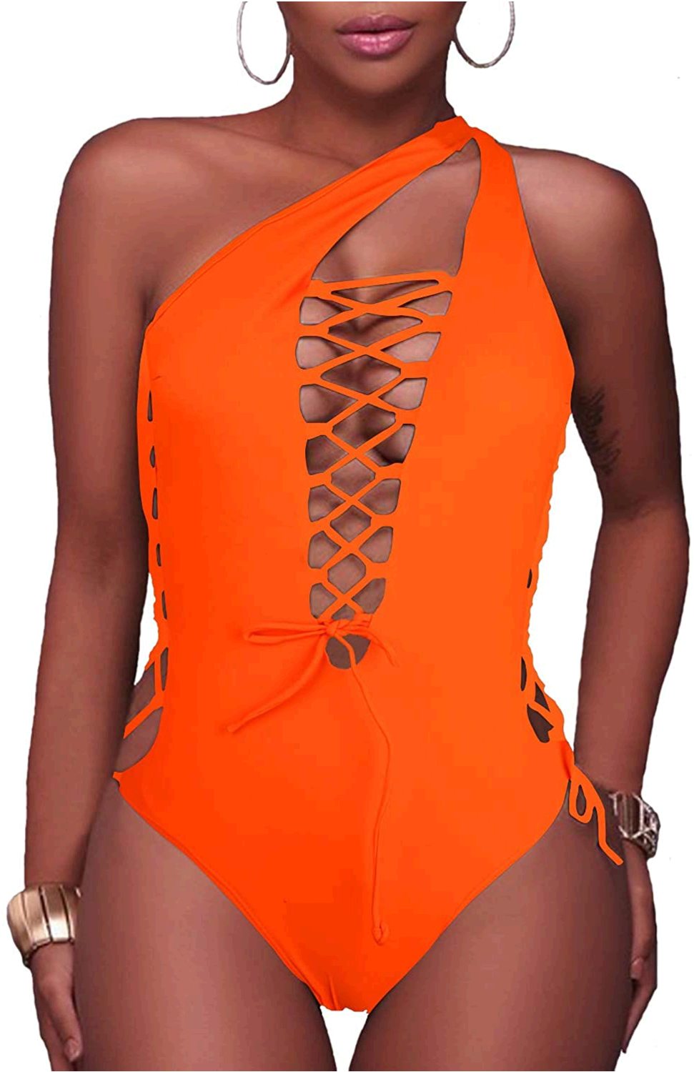 Holipick Women 1 Piece Sexy Lace Up Racerback Monokini Plunge Orange