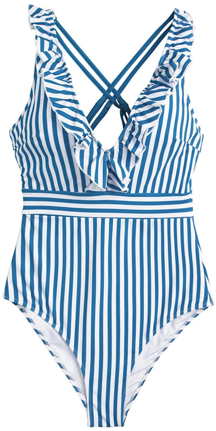 CUPSHE Women's Blue White Stripe Ruffled One Piece Swimsuit, Blue, Size ...