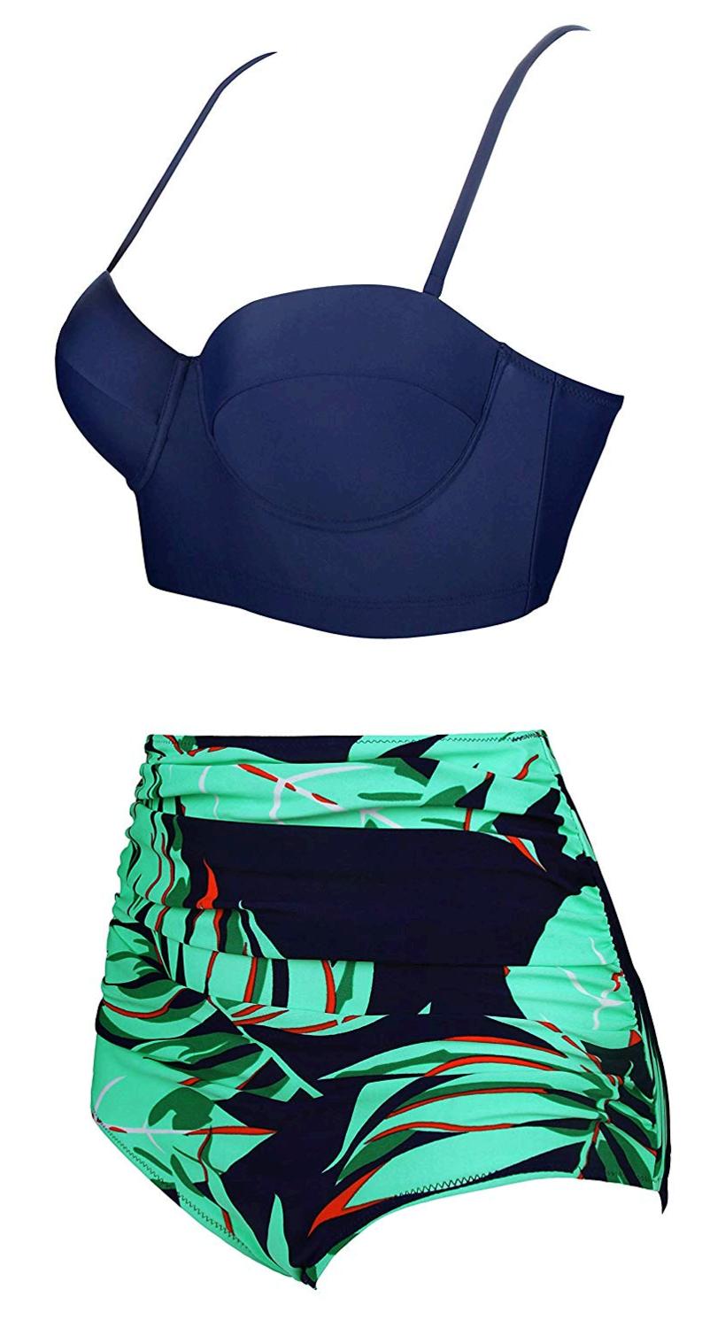 Angerella Green High Waisted Bikini Two Piece Swimsuits, Navy-green ...