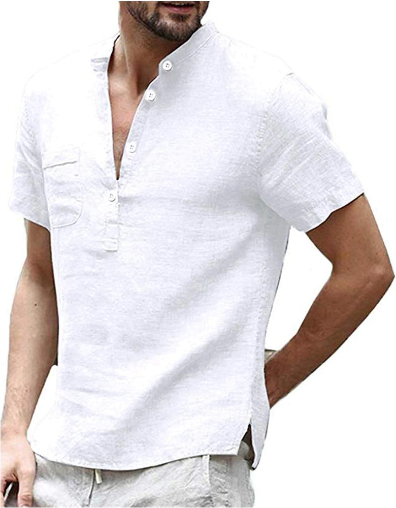 Enjoybuy Mens Summer Linen Henley Shirts Short Sleeve, White, Size XX ...