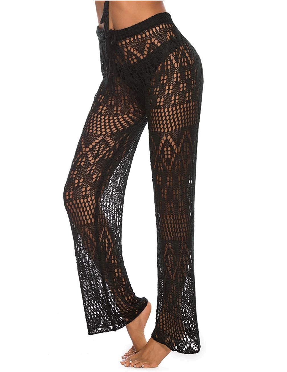Womens Crochet Coverup Pants Sexy Black Mesh Beach Wear, Black 9, Size ...