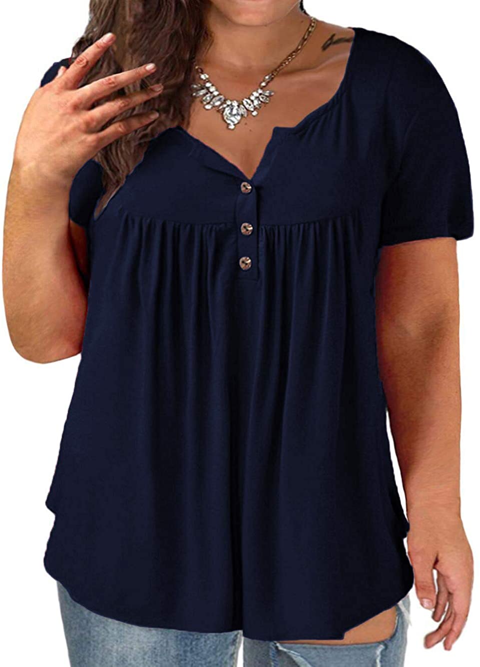 VOGRACE Plus-Size Tops for Women Summer Henley Shirts Flowy, 01_navy ...