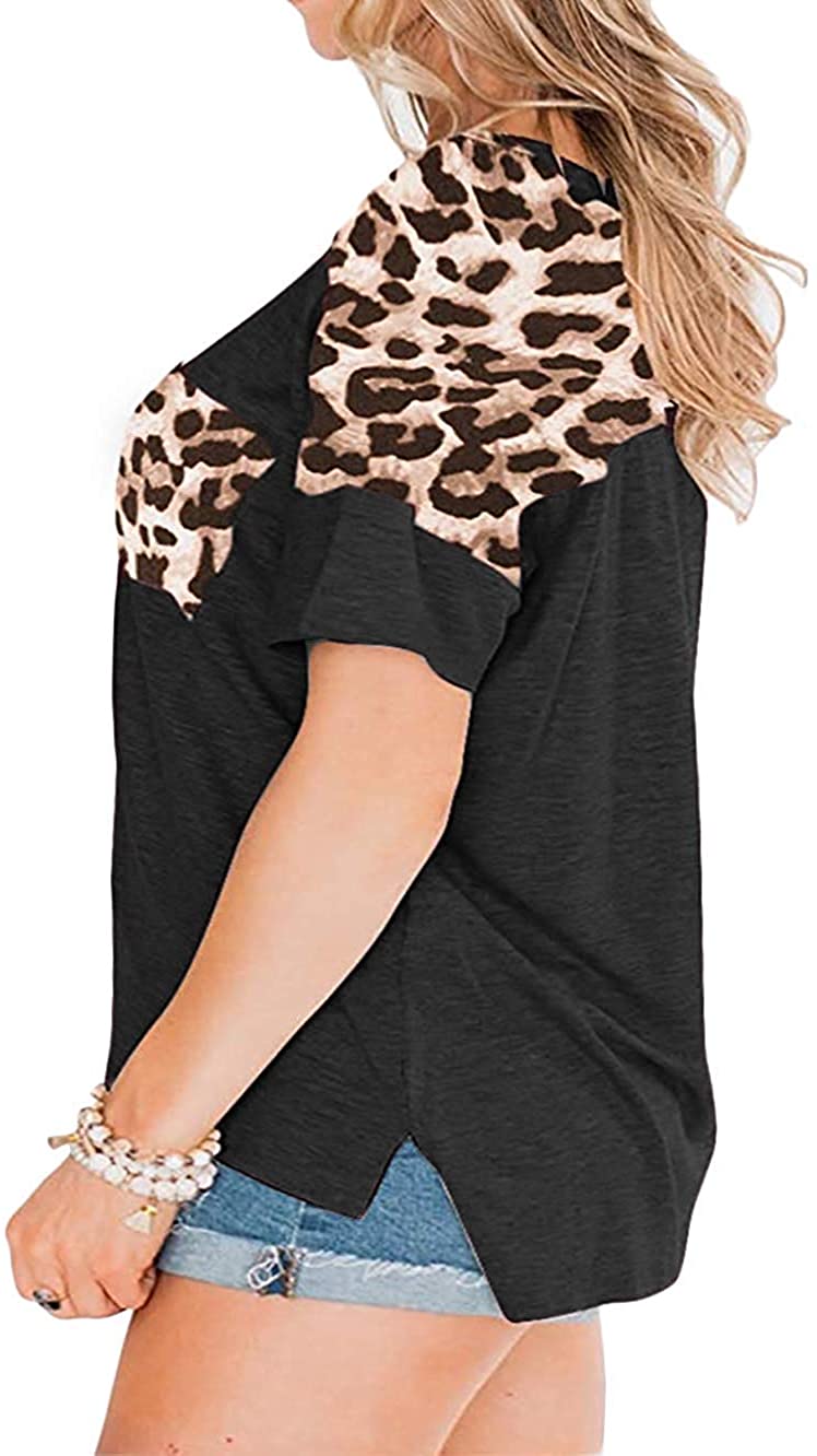 CCBSTS Womens Plus Size Leopard Print T Shirts Patchwork Short, Black