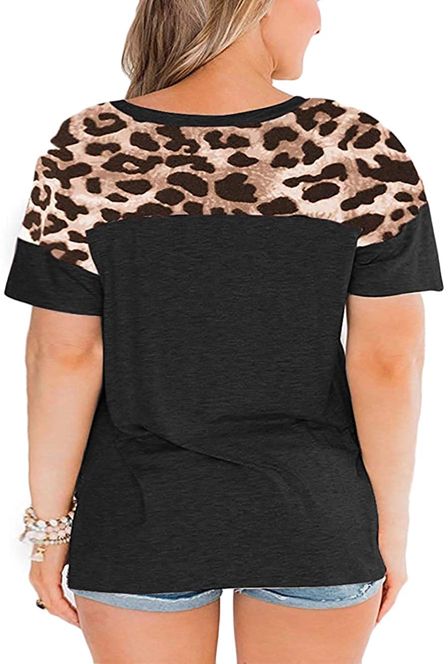 CCBSTS Womens Plus Size Leopard Print T Shirts Patchwork Short, Black