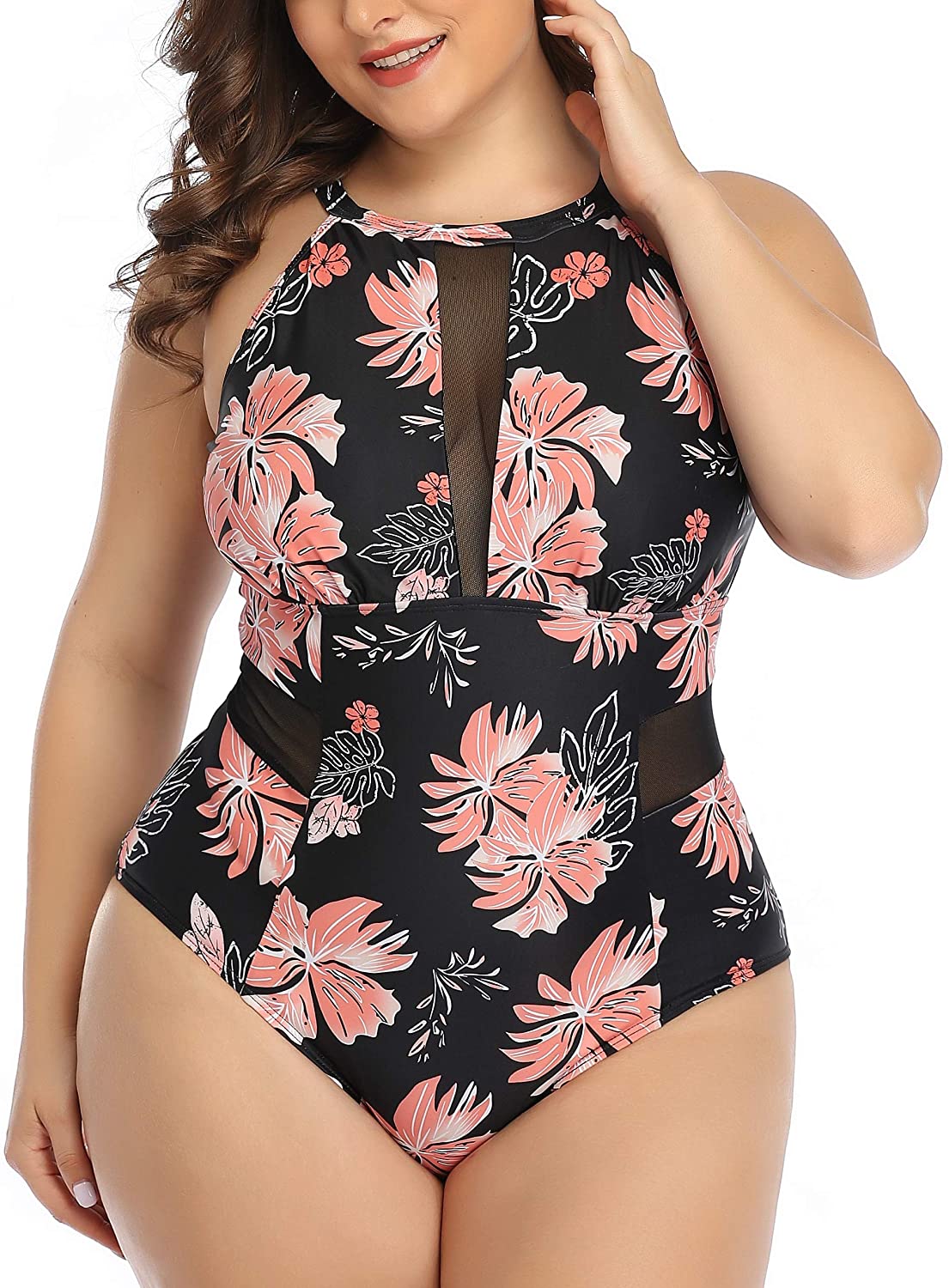 One Piece Swimsuits for Women Plus Size Swimwear High, Pink Floral, Size 18.0 XF | eBay