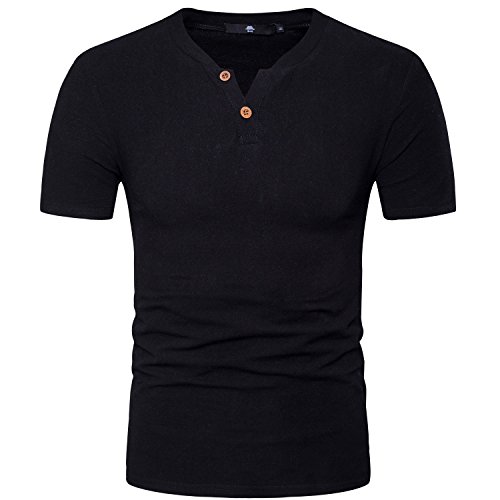 DELCARINO Men's Cotton Linen Henley Shirt Short Sleeve, Black, Size X ...