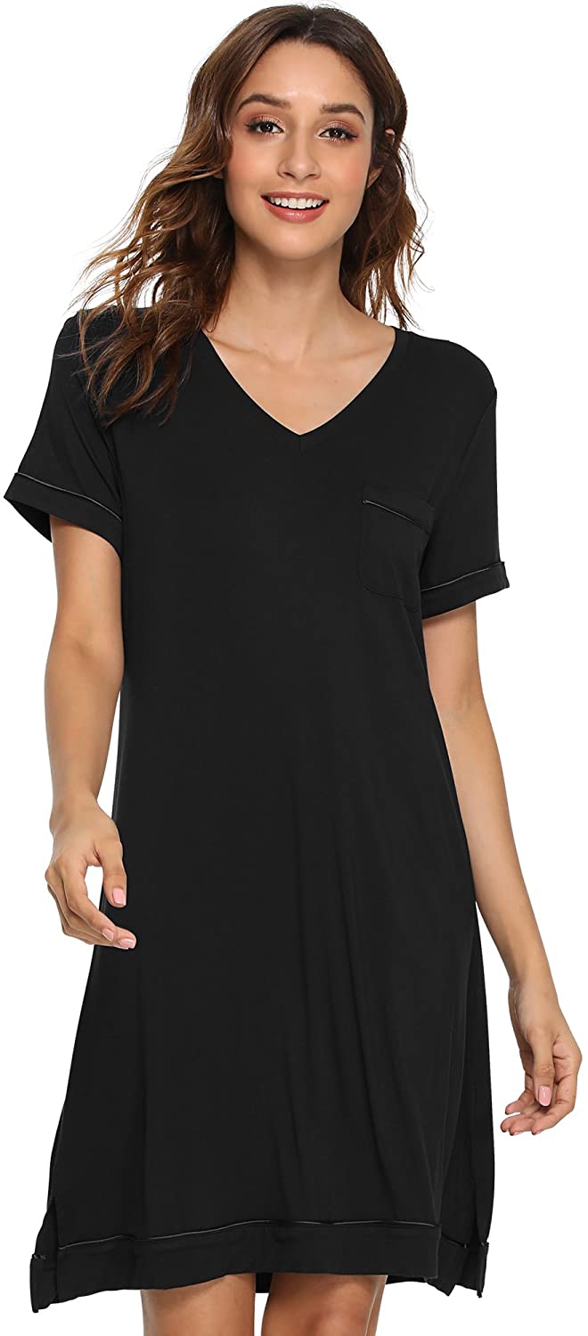 Nightshirts Short Sleeve Sleep Shirts V Neck Sleepwear for, Black, Size