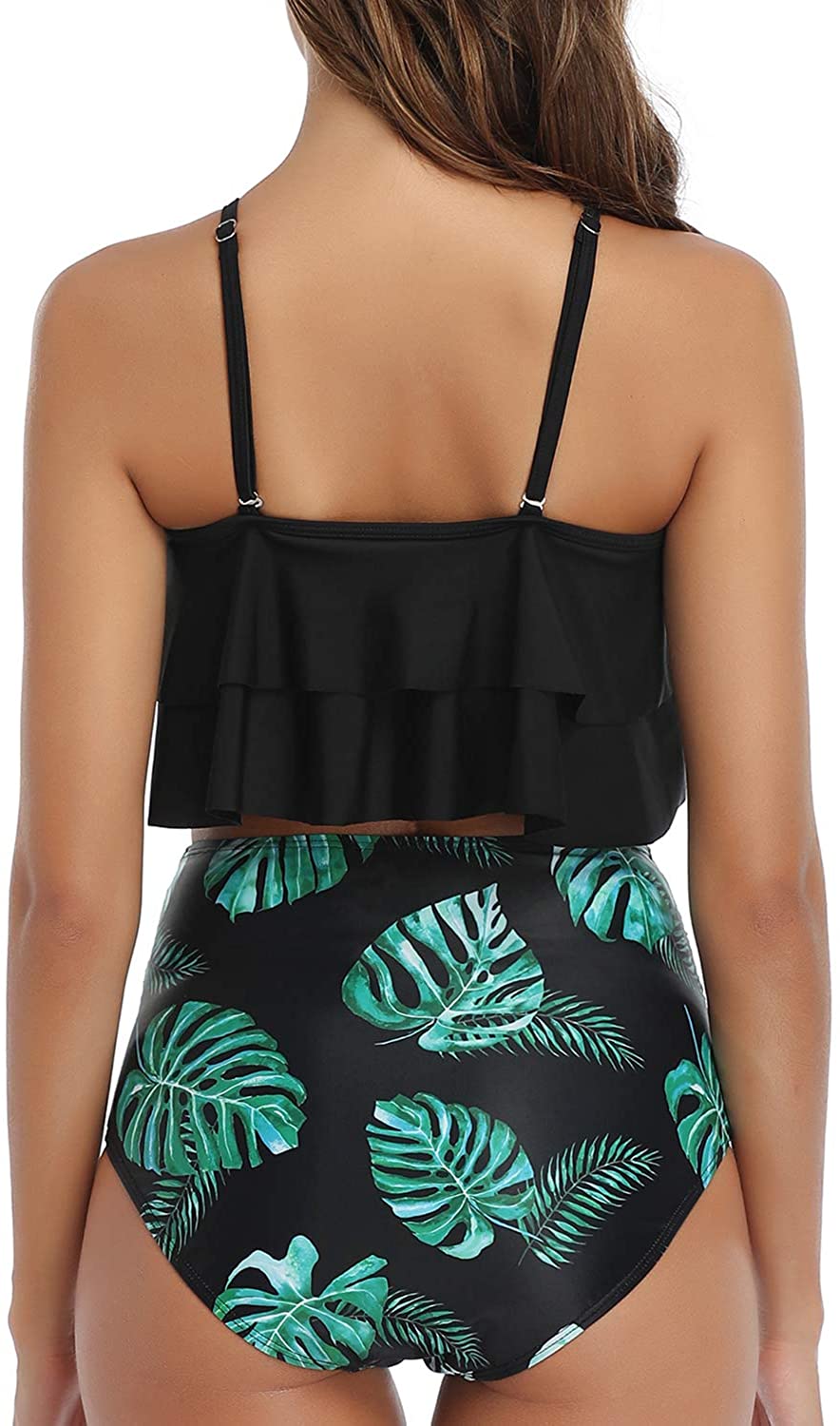 Tempt Me Women Two Piece Ruffle Swimsuits High Waisted, Black Leaf ...