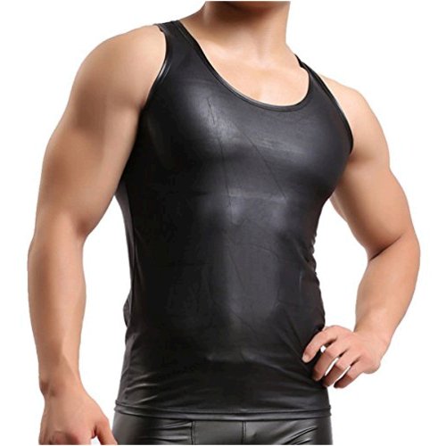 Yufeida Men S Faux Leather Vest Undershirt Sexy Lingerie Tank Black