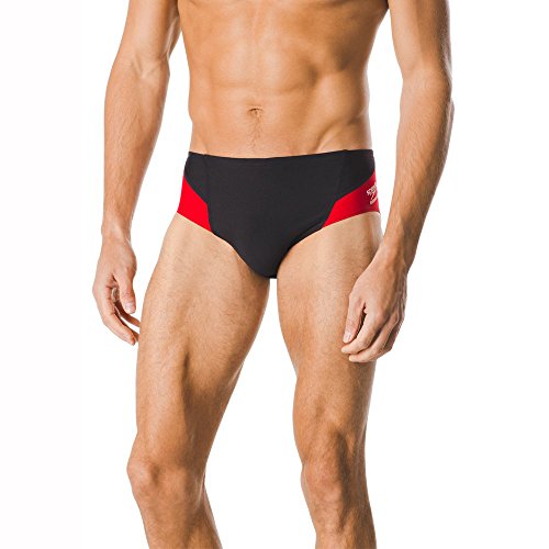 Speedo Mens Endurance Launch Splice Brief Swimsuit Black Red Spark