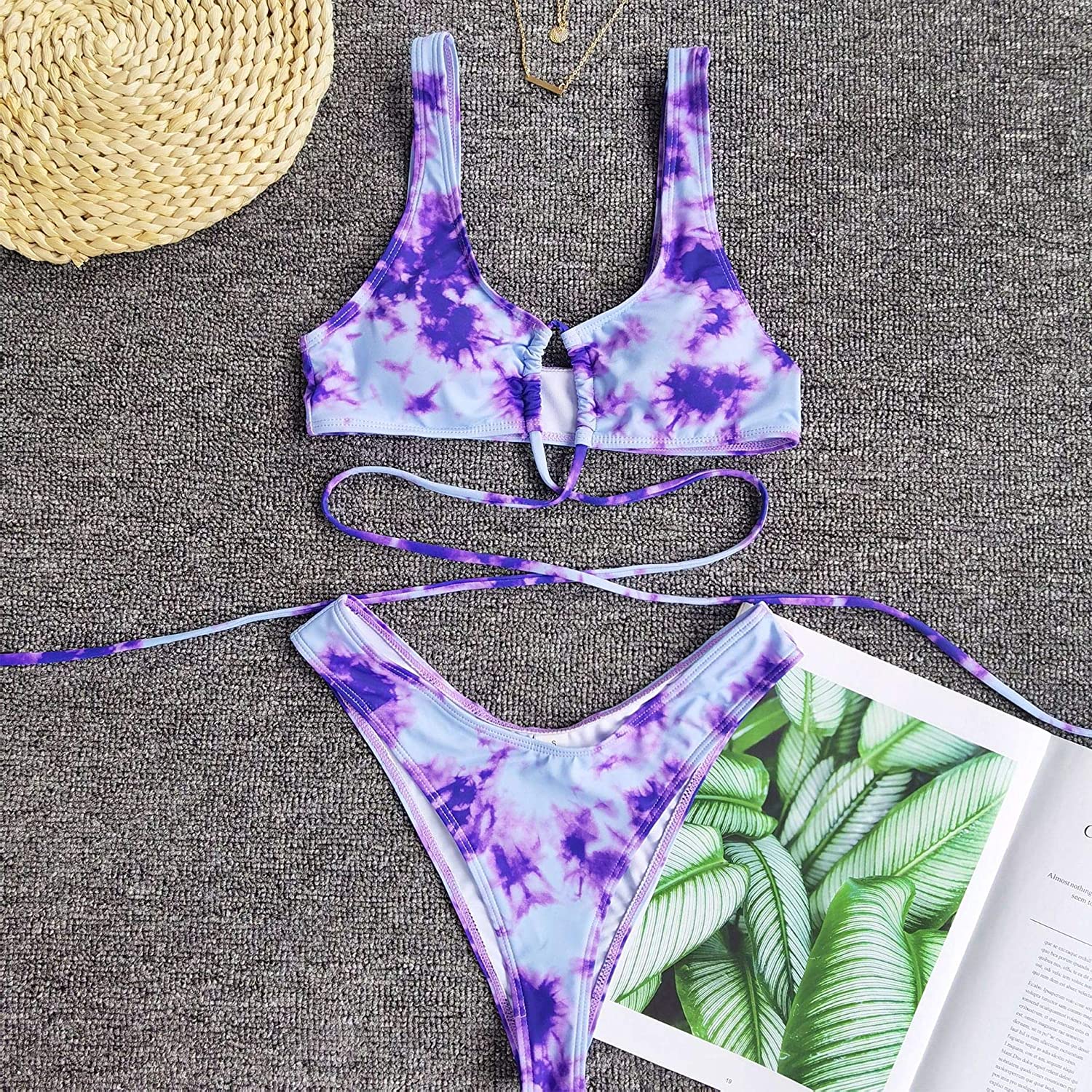 Vnvne Womens Tie Dye Two Piece Swimsuits Sexy Lace Up High Purple