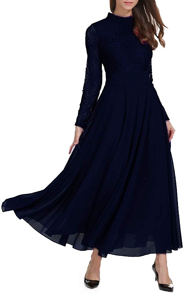 Aox Womens Elegant Long Sleeve Floral Chiffon Lace A Line Long Maxi Party Evening Bridesmaid Swing Dress