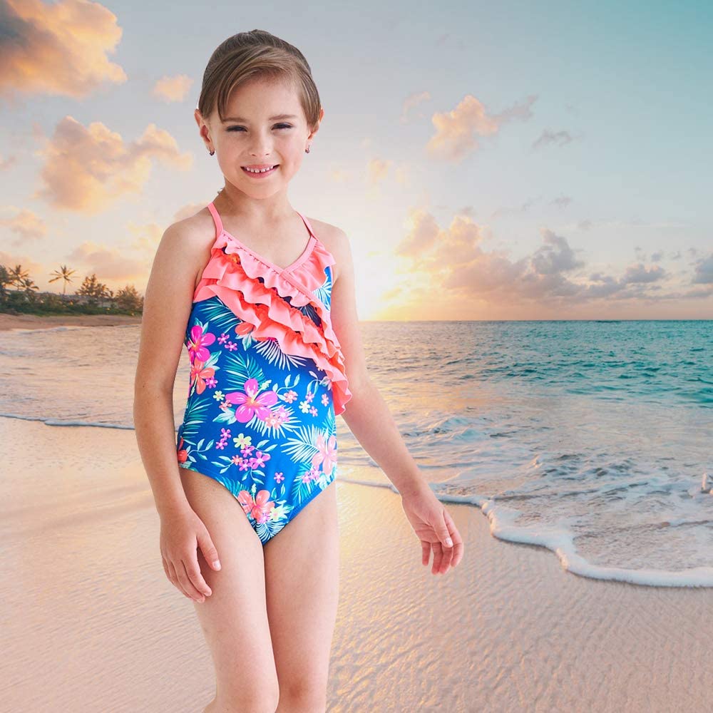 Girls One Piece Swimsuits Hawaiian Ruffle Swimwear Beach, Blue, Size 13 ...