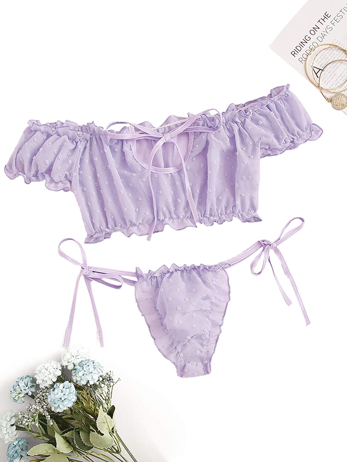 Shein Women S Self Tie Ruffle Trim Dobby Mesh Lingerie Set Purple