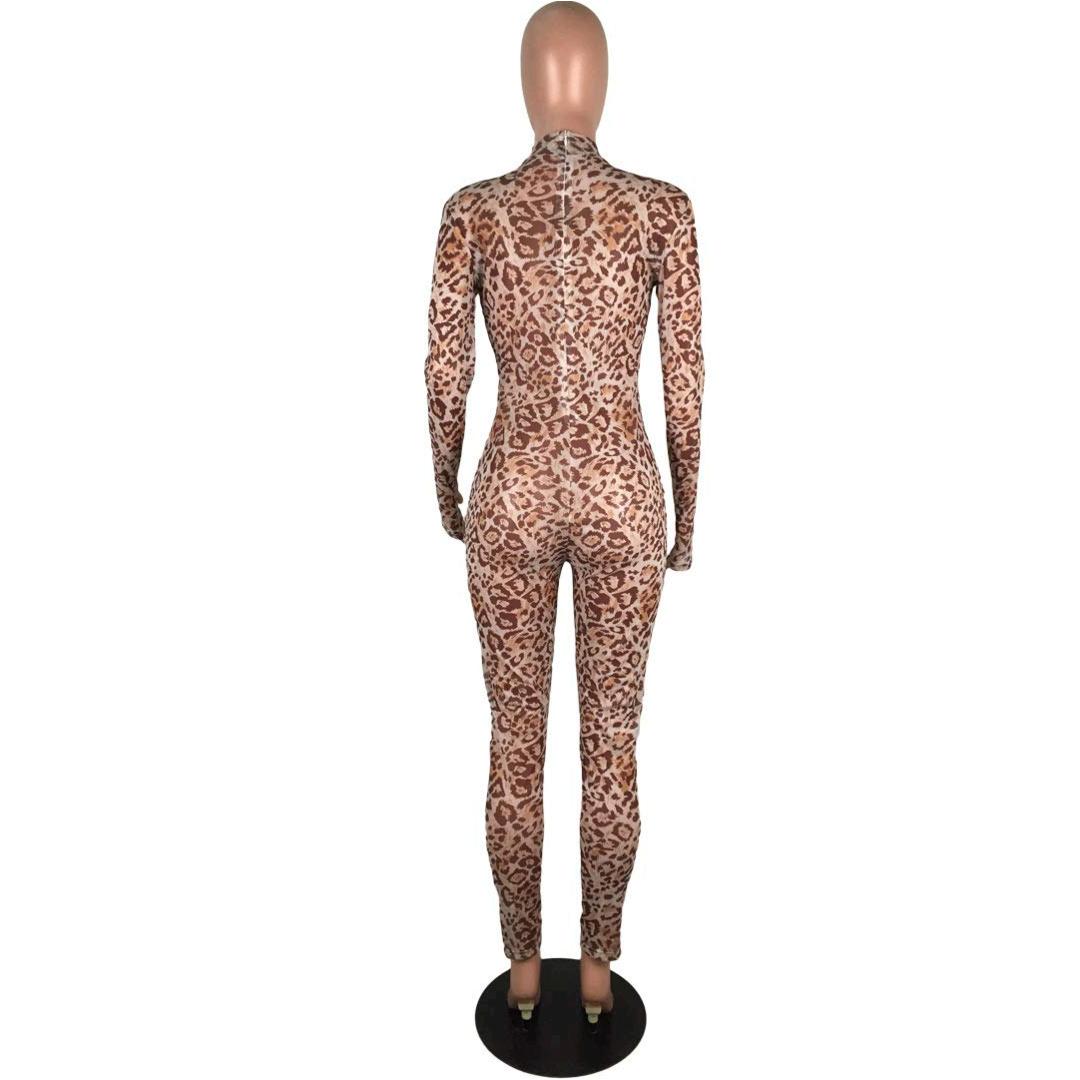 Echoine Womens Sexy Leopard Bodycon Jumpsuit Mesh Sheer Leopard