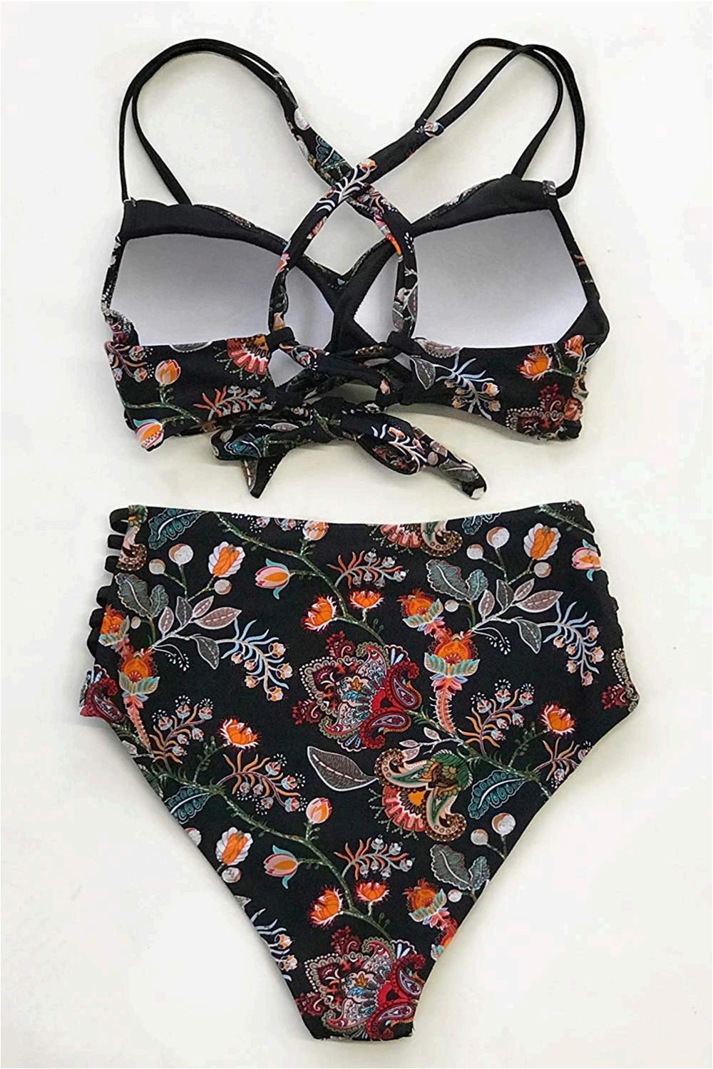 CUPSHE Women's Swimsuits Flower Dance High-Waisted Lace Bikinis, Black ...