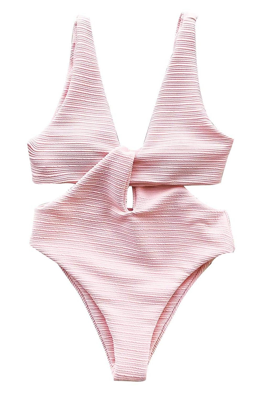 CUPSHE Women's Solid Pink High Waisted OnePiece Swimsuit Shine, Pink