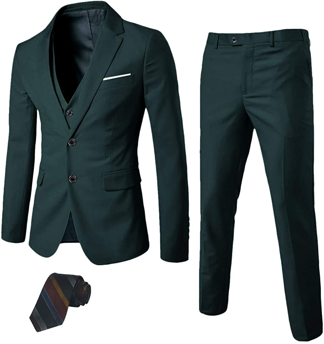 MY'S Men's 3 Piece Slim Fit Suit Set, 2 Button Blazer, Deep Green, Size ...