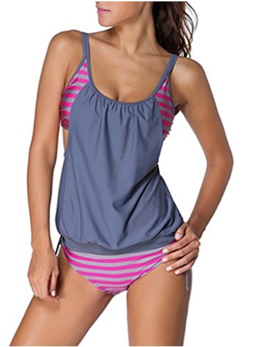 Evaless Womens Casual Strips Sporty Double Up Tankini Top Grey Size 2202