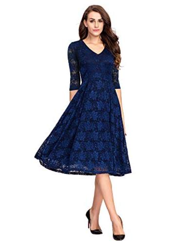 Noctflos Navy Lace Flare Mid Calf Evening Cocktail Dress for, Navy ...