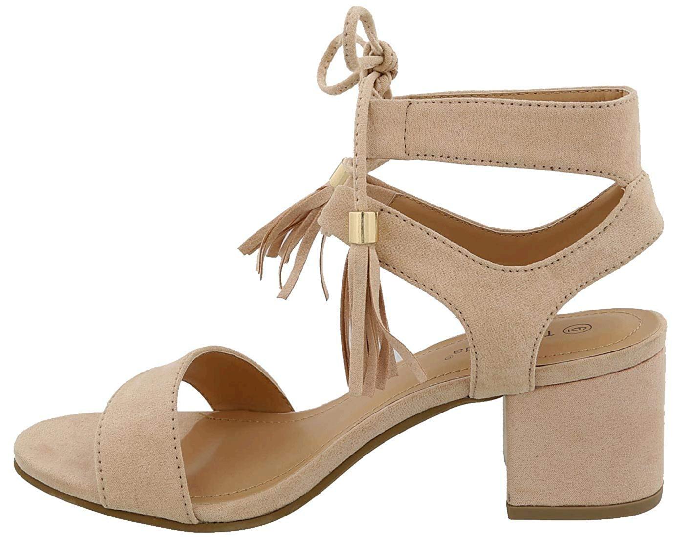 TOP Moda Women's Tassel Stacked Block Heel Gladiator Sandal, Blush