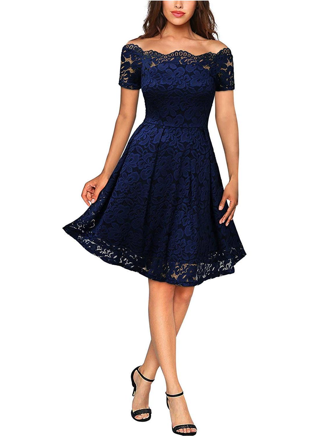 MISSMAY Women's Vintage Floral Lace Short Sleeve Boat ...