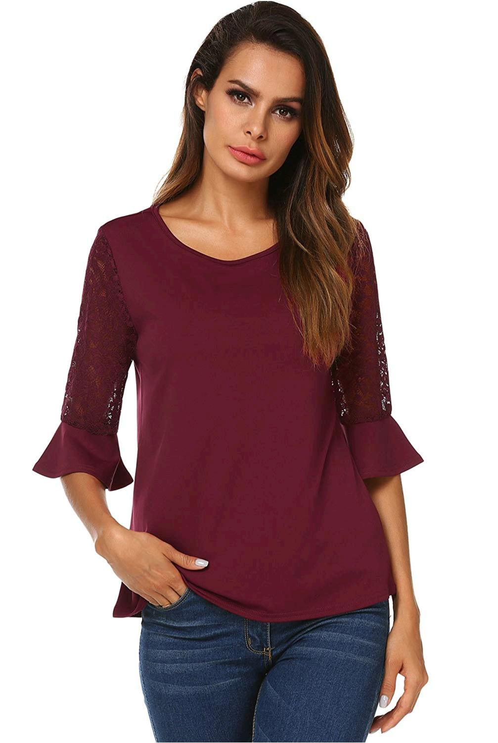 Women's Casual Short Bell Sleeve Tops Scoop Neck Pleated, Wine Red ...