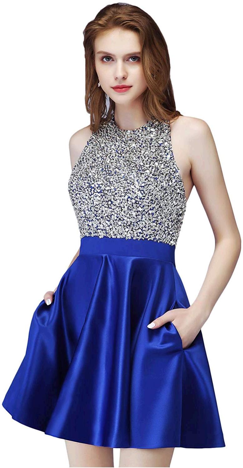 LCRS Juniors Short Prom Dresses with Pockets Satin Beaded, Royal Blue ...