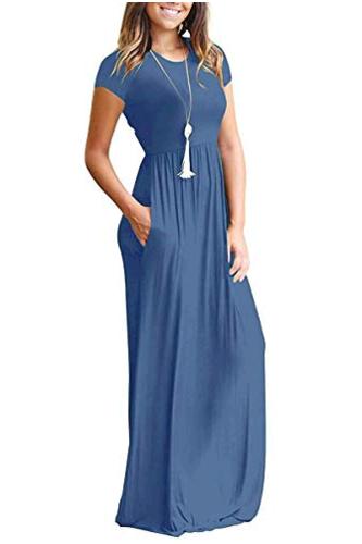 AUSELILY Women Short Sleeve Loose Plain Casual Long, 01beja Blue, Size ...
