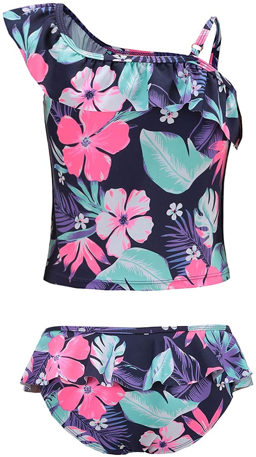 Girls Two Piece Tankini Swimsuits Hawaiian Ruffle Bathing Suit, Purple