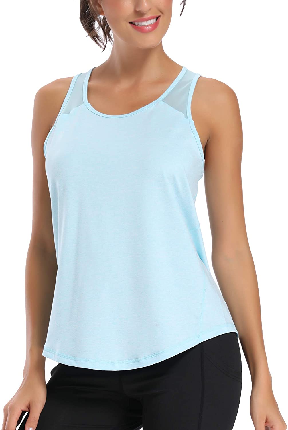 Aeuui Workout Tops for Women Mesh Racerback Tank Yoga, Light Blue, Size ...