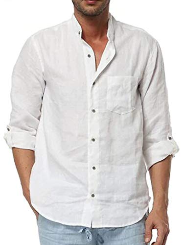 Mens Linen Shirt Casual Button Down Long Sleeve Cotton, A-white, Size