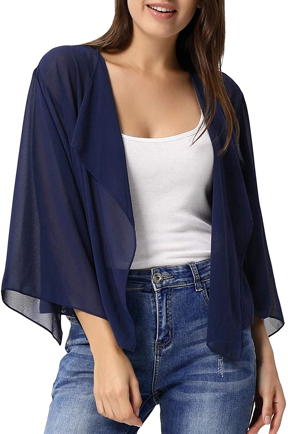 Kate Kasin Women Summer Cardigans Chiffon Loose Kimono, Dark Blue, Size