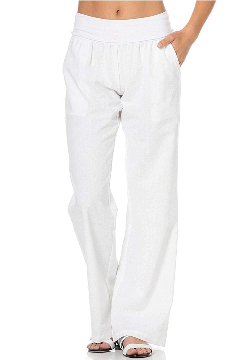 Poplooks Women's Comfy Fold Over Linen Pants (Large, White), White ...